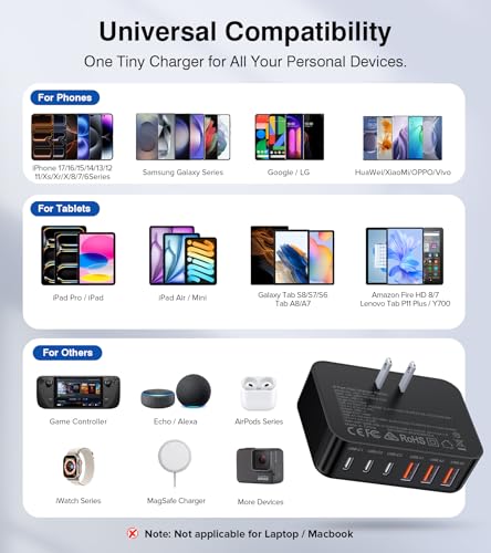 USB C Charger, Flat 100W Max 6-Port Fast Wall Charger Charging Station Hub - color: Black