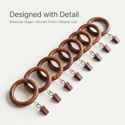50 Pack of Wooden Curtain Rings with Clips, (1.75 inch Inner Diameter), Wood Drapery Rod Rings (Compatible Up to 1 Inch Thickness Rod), Handmade Rosewood Curtains Hook Rings with Clips Drapes Rods. - size: 1.75 INCH Inner Dia