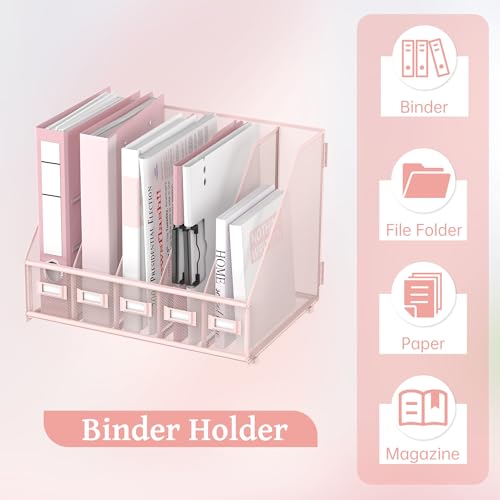 SUPEASY Desk Organizers Metal Desk Magazine File Holder with 5 Vertical Compartments Rack File Organizer for Office Desktop, Classroom, Home Workspace, Pink Plus - color: Pink, size: Large