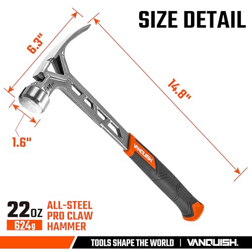 VANQUISH Framing Hammer 22oz One Piece Forged Straight Claw Hammer with Smooth Face & Shock Reduction Grip, Claw Hammer with Magnetic Nail Holder Side Nail Puller, 0630 - size: 22oz Smooth Face