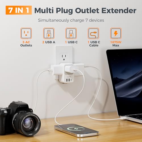 TESSAN USB C Charger Block, Multi Plug Wall Outlet Extender - color: Grey, size: 2 USB-A+1 USB-C+1 USB-C Cable