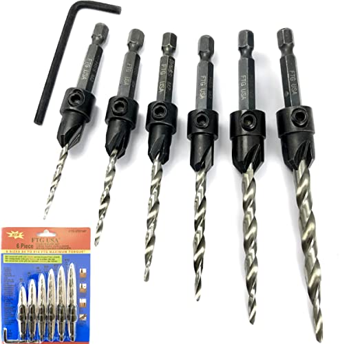 FTG USA 6 Pc Wood Countersink Drill Bit Set #4#6#8#10#12#14 with Hex Key - size: #4#6#8#10#12#14, style: w/o Depth Stop