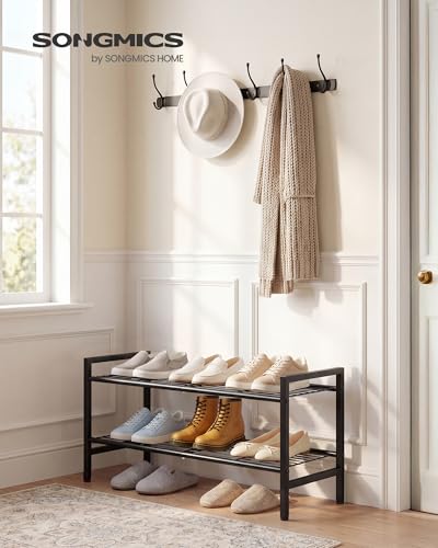 SONGMICS 2-Tier Metal Shoe Rack, Vertical Shelf, Holds up to 12 Pairs - color: Black, size: 2 Tiers (11"D x 26.8"W)