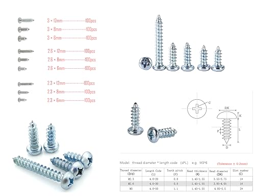 LBY 900pcs M2.3 M2.6 M3 Pan Head Self-Tapping Sheetmetal Screw Assortment Kit, Carbon Steel, Zinc-Plated - color: Silver