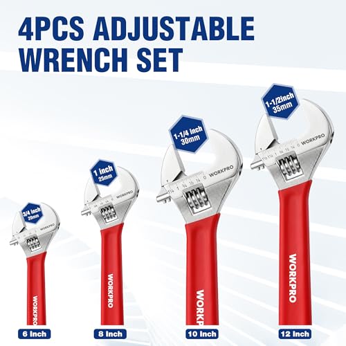 WORKPRO 4-Piece Red Wide Jaw Adjustable Wrench Set, 6"-12", Chrome Plated - color: Red