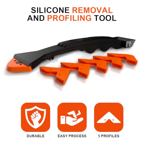 3 in 1 Caulking Tool with 6 Silicone Tips – Sealant Finishing & Caulk Remover, Stainless Steel Head, Mastic Remover & Angle Scraper for Bathroom, Kitchen, Floor, Window, Sink