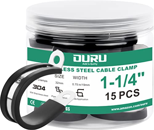 OURU 15pcs 1-1/4 Inch Stainless Steel Cable Clamps,Rubber Coated Cushioned Insulated Cable Clamp,Automotive Cable Wire Clamps,Pipe Clamps,Metal Clamp for Tube,Lines,Wire Cord Installation(Black,32mm) - size: 15pcs - 1-1/4"