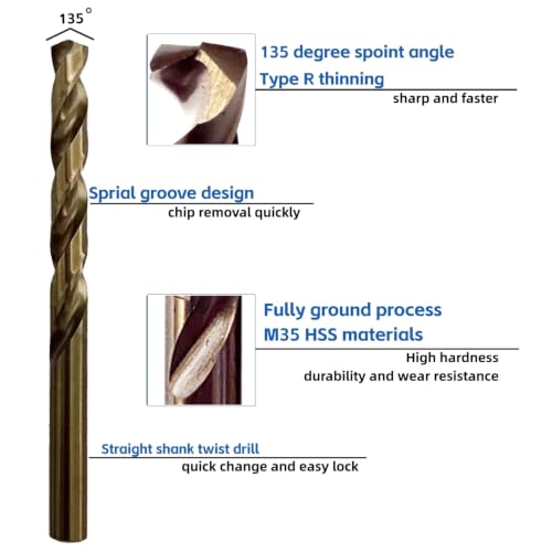 5 Pieces 3/8 Inch Cobalt Twist Drill Bit,135° Split Point,HSS M35 Fully Ground,SAE Jobber Bits for Stainless Steel,Metal,Cast Iron,Aluminum Alloy - size: 3/8"(5pcs)