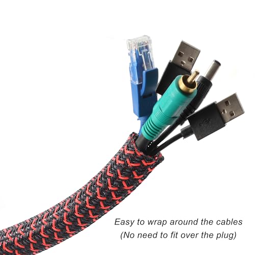 Cable Management Sleeve, Split Design, 25FT - 1/2 Inch, Black/Red - color: Black/Red, size: 1/2"-25ft