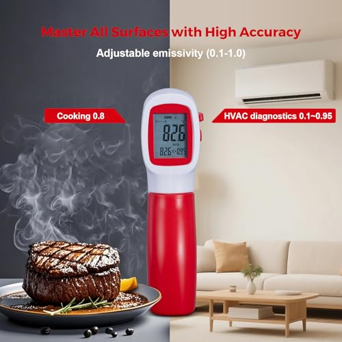 Infrared Thermometer for Meat,Laser Temperature Gun,-58~1112°F,DS 12:1 Digital IR Temp Gun with Adjustable Emissivity&High/Low Alarm,LCD Display Thermal Gun for Food Oven Cooking HVAC - color: Red