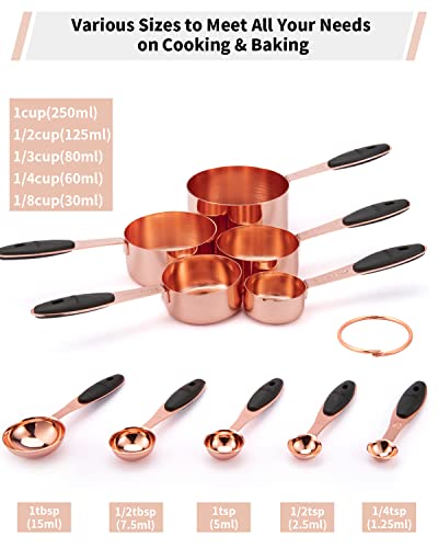Joyhill Copper Measuring Cups and Spoons Set of 10 Piece, Stainless Steel Nesting Measuring Cup Set with Soft Touch Silicone Handles for Dry and Liquid Ingredients - color: e)Rose gold-Black