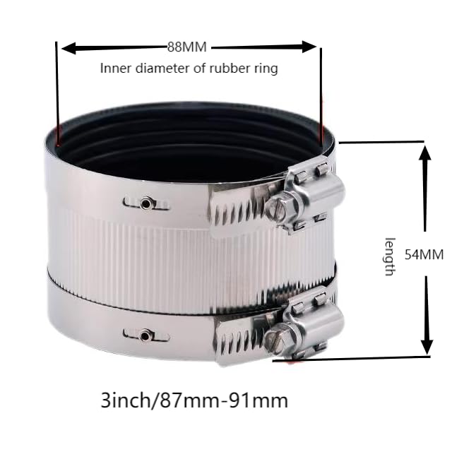 Flexible pipe Coupling with Stainless Steel Clamps.Pipe Connector for PVC and Metal Pipes (3inch/87mm-91mm) - size: 3 inch (87-91 mm)