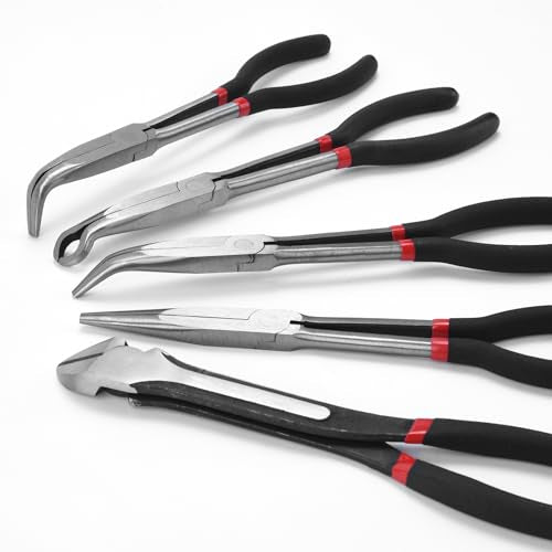 5-Piece 11" Extra Long Needle Nose Pliers Set, Premium CRV Steel - size: 5 Pieces - 11" - Straight/45°/90°/Circle/Diagonal