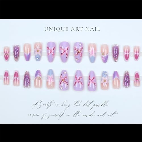 Flower Purple Pink Press on Nails Almond Medium 3D Embossed Flower Fake Nails with Flower Design Floral False Nail Acrylic Spring Summer Stick on Nail for Women 24Pcs - color: purple pink flower