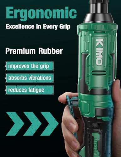 KIMO 20V Electric Ratchet Wrench 3/8, 89Ft-lbs 400RPM Cordless Ratchet Wrench Set w/Variable Speed, 2x2.0Ah Battery Power Ratchet Wrenches, 7Sockets, 3/8"to1/4" Adapter, 3"Extension Bar, Fast Charger - color: Green and Dark