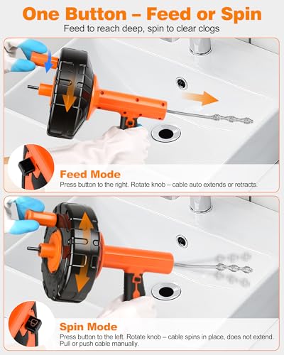Drain Auger 33 ft, Auto Feed Plumbing Drain Snake Auger with Drill Adapter