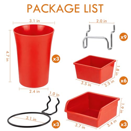 Pegboard Bins Cups with Hooks & Loops 12 Pack Peg Board Organizer (Red) - color: Red