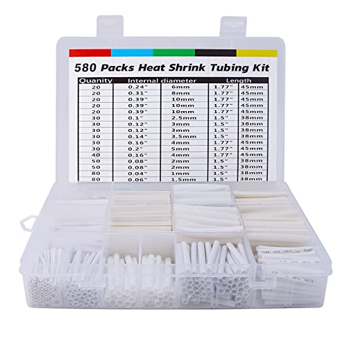 ASHINER 580PCS Durable Heat Shrink Tubing Kit - Ideal for Electric Insulation and Repairs with Convenient Storage Case, White - color: White
