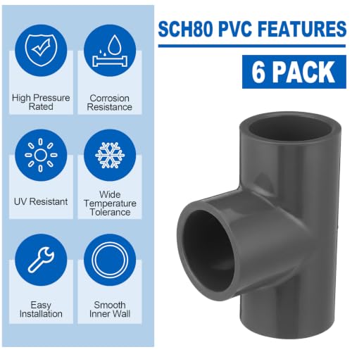 6 Pack Schedule 80 PVC Pipe Fitting Tee 1-1/2" Socket, Compatible with 801 Series Heavy Duty Tee for Industrial Irrigation Plumbing Applications - size: 1-1/2" Socket