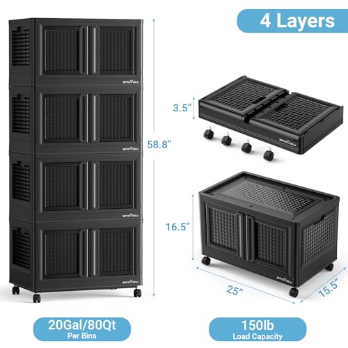 BROVIEW 320Qt Storage Bins with Lids, 80Gal Plastic Stackable Collapsible Storage Bins with Doors Wheels, Closet Organizers and Storage, Foldable Box Cabinet for Home Office Garage, 4Pack Black Cube