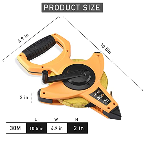 LAND 100FT/30M Heavy Duty Fiberglass Tape Measure - 1/2-Inch Wide, Dual Inch/Metric Scale, Durable Open Reel Measuring Tape for Surveying, Engineering, Runway Construction - size: 30.5 m