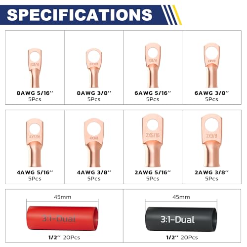haisstronica 80PCS Battery Cable Lug & Heat Shrink Kit AWG 8/6/4/2 - size: Bare Copper, style: 80pcs