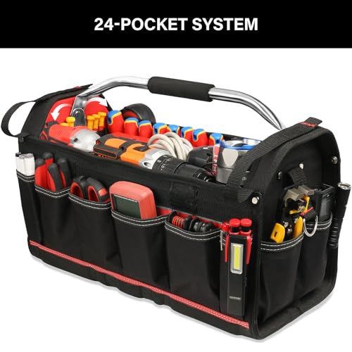 HAUTMEC 20" Heavy-Duty Open Top Tool Bag with Waterproof Clear Cover, Large Tool Tote with Rotating Handle, Rigid Frame, Wear-Resistant Hard Base & Padded Shoulder Strap – HT0296 - style: Tool Tote | Waterproof