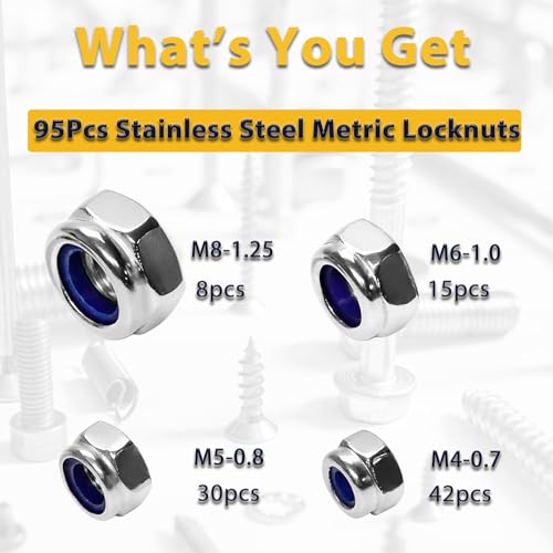 M8 M6 M5 M4 Locknuts Assortment Kit 95PCS Nylon Insert - size: M4-M8 Assortment (95PCS)