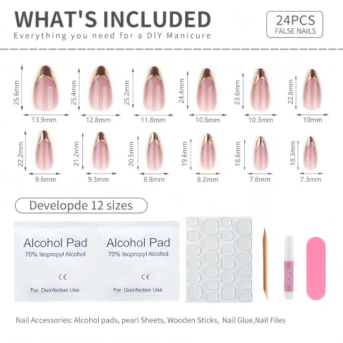 French Almond Press On Nalis Medium, Nude Fake Nails with Elegant Gold-Edged French Tip Design, Glossy Gel Finish Acrylic Nails, Reusable Glue On Nails for Women, Natural Stick On Nails Kit - color: 73-Gilded French