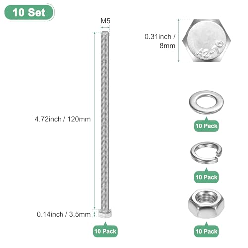 M METERXITY 10-Pack Hex Head Screw Bolt with Nuts Flat & Lock Washers M5x120mm Stainless Steel Bolts and Nuts Kit Fully Threaded Metric Bolt Assortment for Equipment/Machinery - size: M5x120mm