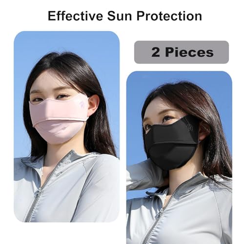 2Pcs UV Face Mask, Sun Masks for Women, Cooling Breathable Face Cover for Outdoors, Washable Reusable - color: Pink, Black
