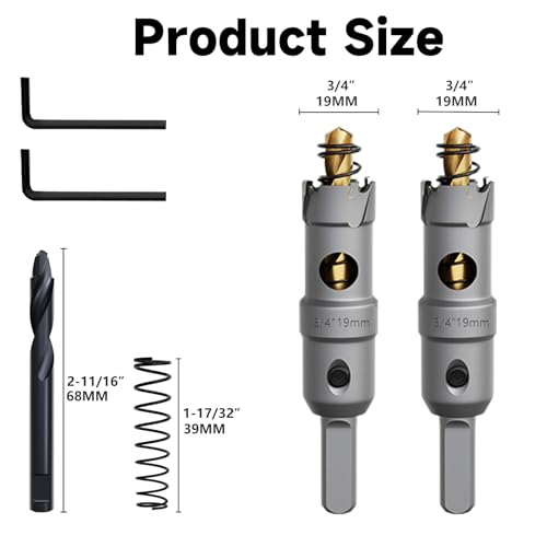 Metal Hole Saw 3/4''(19mm) 2Pcs Set Heavy Duty Tungsten Carbide Tipped Hole Cutters Set with a nitrided Step Drill and L-flench, for Steel Iron,Aluminum,Stainless stell,Plastic - size: 3/4''(19mm)-2PCS