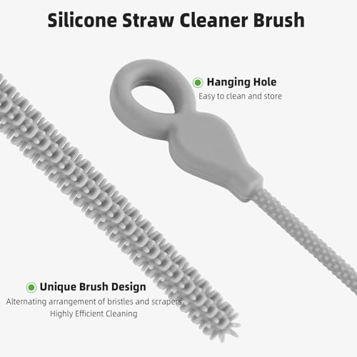 Silicone Straw Cleaner Brush, 4Pcs Reusable Straw Brush Set with Extra-Long Design for Cleaning Thin Metal Straws and Wider Milkshake Straws （6mm+9mm Gray) - color: Gray