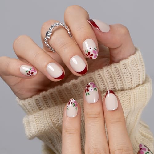 CurvLife Extra Short Almond Press On Nails, Pearl Shimmer Champagne Dots - color: C8 - Wine Petal