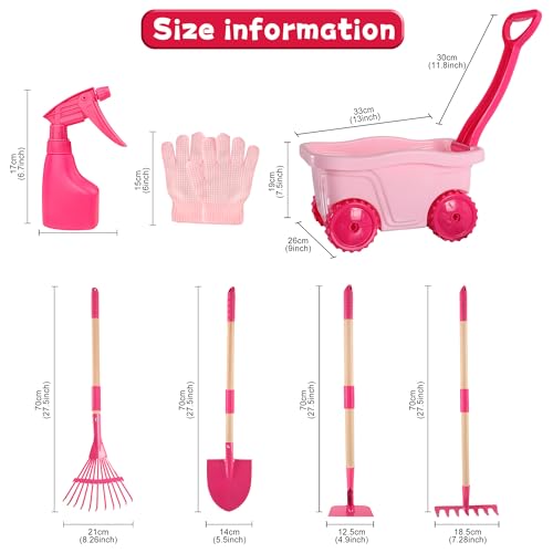 Duckura Kids Gardening Set with Wheelbarrow, Metal Garden Tools for Girls | Shovel, Rake, Lawn Digging & Weeding Kits toys, Outdoor Yard Birthday Gift Toy for Age 2 3+ years old - color: Pink-8pcs
