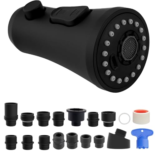 Hibbent Pull Down Kitchen Faucet Head Replacement with 15 Adapters - color: Matte Black, style: Stay on sprayer without hold button