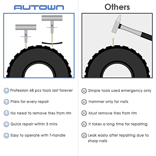 AUTOWN Flat Tire Repair Kit 68pcs, Heavy Duty Tire Plug Kit to Fix Puncture - size: 67pcs