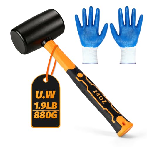 24 OZ Rubber Mallet Hammer, GIFT GLOVES. | Solid Head & Non-Slip Ergonomic Grip Handle, Soft Face Hammer For Woodworking, Flooring, Tiling, Camping and More - style: 24 OZ Rubber Mallet Hammer