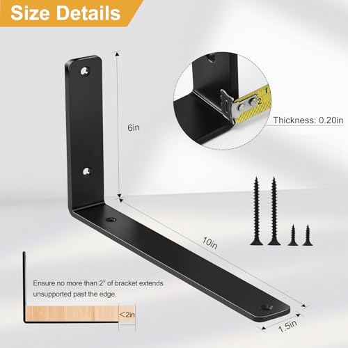 6 Pack - L 10" x H 6" x W1.5, 5mm Thick Black L Shelf Bracket, Iron Shelf Brackets, Metal Shelf Brackets, Floating Shelf, Shelf Supports with Screws - size: 10''x6'', style: Black 6 Pack