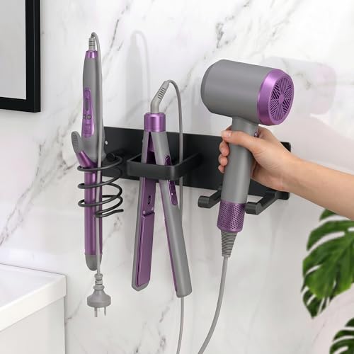 Hair Tool Organizer Wall Mount, Bathroom Storage Rack with Dryer Holder, Flat Iron Stand, Curling Iron Caddy, 3-in-1 Heat-Resistant Hair Rack, No-Drill Adhesive or Screw Mount, Matte Black - style: Black Hook style