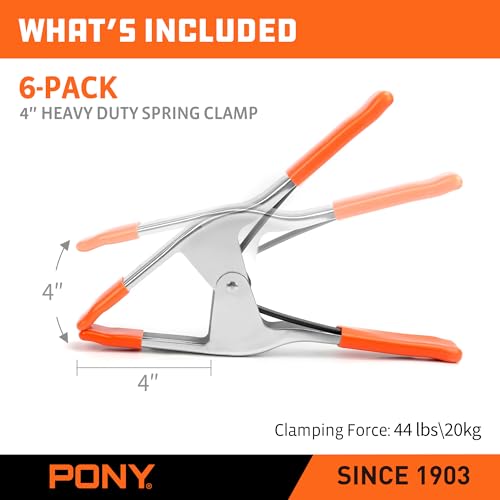 PONY 11-3/8" Heavy Duty Metal Spring Clamps with Protective Tips, 6-Piece | 4" Jaw Opening, Protective Handles and Tips, Metal Spring Clamps for Woodworking and DIY Projects - size: 11-3/8 Inch 6-Piece