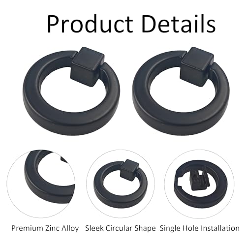 4Pcs Matte Black Zinc Alloy Cabinet Ring Knobs, Modern Round Drawer Pulls with Mounting Screws, Single Hole Dresser Handles for Kitchen Furniture, Wardrobe and Bathroom Hardware - color: Matte Black