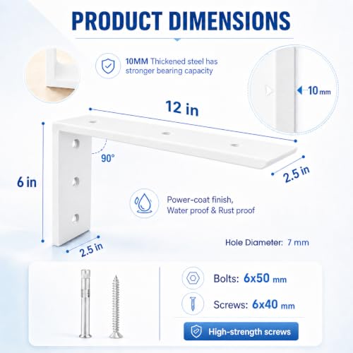 WINKER Countertop Support Bracket 2 Pack Heavy Duty 3/8" Thick Hidden L Shelf Bracket 12" x 6" x 2.5" Metal Corbels for Quartz/Granite/Wood/Concrete/Laminate Countertops, White - size: 12″x6″x2.5″-3/8" thick, style: White-2Pack