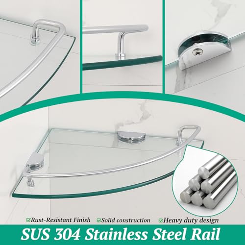 2 Ties Glass Corner Shelf with SUS 304 Stainless Steel Rail Chrome Finished, Esquinero para baños, Rustproof Tempered Glass Shelf, Shower Caddy Organizer 9.5" x 9.5" - size: 2 PACK With Rail