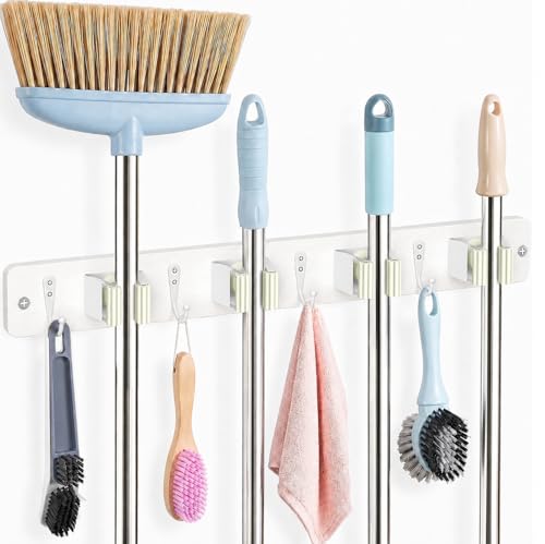 AceMining White Broom Holder Wall Mount, 4 Holders 4 Hooks Mop Holder - color: White, size: 1 Pack