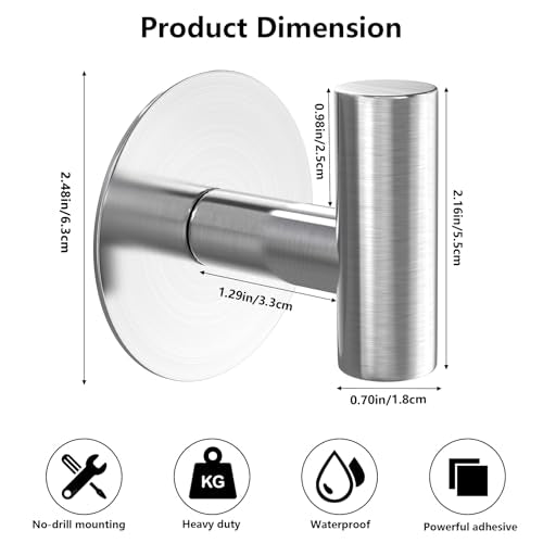 Heavy Duty Self-Adhesive Coat Hooks, Stainless Steel Towel Hooks for Bags, Towels, Robes, Hats, Aprons – No Drill Bathroom, Kitchen, Hotel Wall Hooks (2 Pack, Silver) - color: Silvery, size: Adhesive "T" Shape- 2 Pack