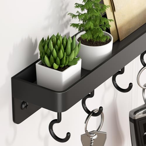 niffgaff Black Key Holder Wall Mount, Stainless Steel Self Adhesive Hooks Rack with Shelf, No Drill Key Hanger for Door and Wall - color: Black