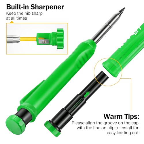 Hiboom 2 Pack Carpenter Pencils with Pencil Cap and 18 Refills, Green - color: Green
