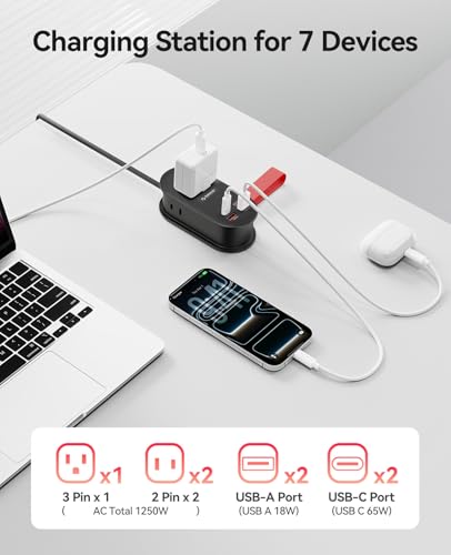 ORICO 65W GaN Travel Power Strip, 7 in 1 Charging Station(3AC, 4 USB Ports) - color: Black