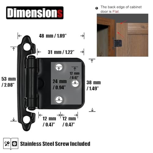JQK 1/2 Inch Overlay Cabinet Door Hinges Black, 50 Pack 25 Pairs Flush Face Mount Cupboard Self-Closing Kitchen Cabinet Hinges, CH200-BK-P50 - color: Black, size: 50 pack/25 pairs